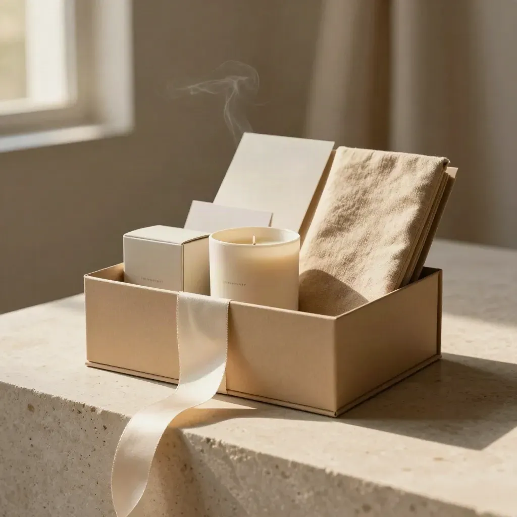 Leinen-Geschenkset in offener Sandbox mit Kerze, Notizbuch, Teebox und Leinenbeutel.