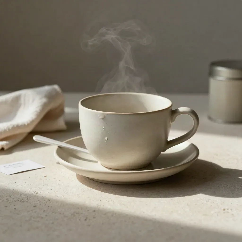 Keramikbecher mit Untertasse und Löffel auf Travertin, mit Dampf und einem Tropfen.