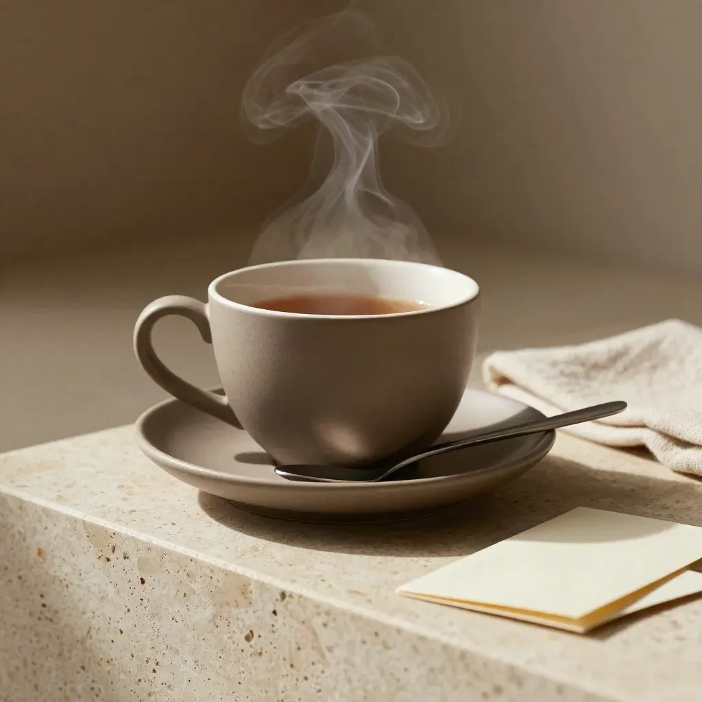Steinzeug-Teetasse mit Untertasse, Löffel und Dampf auf hellem Travertin.