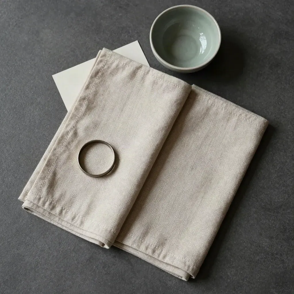 Zwei gefaltete Leinenservietten mit Ring und Schale auf dunklem Stein, von oben.