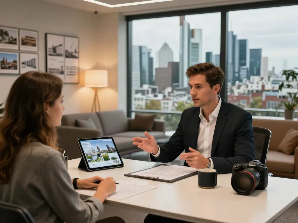 Bester Immobilienmakler Frankfurt berät Paare in modernem Büro über Immobilienoptionen.